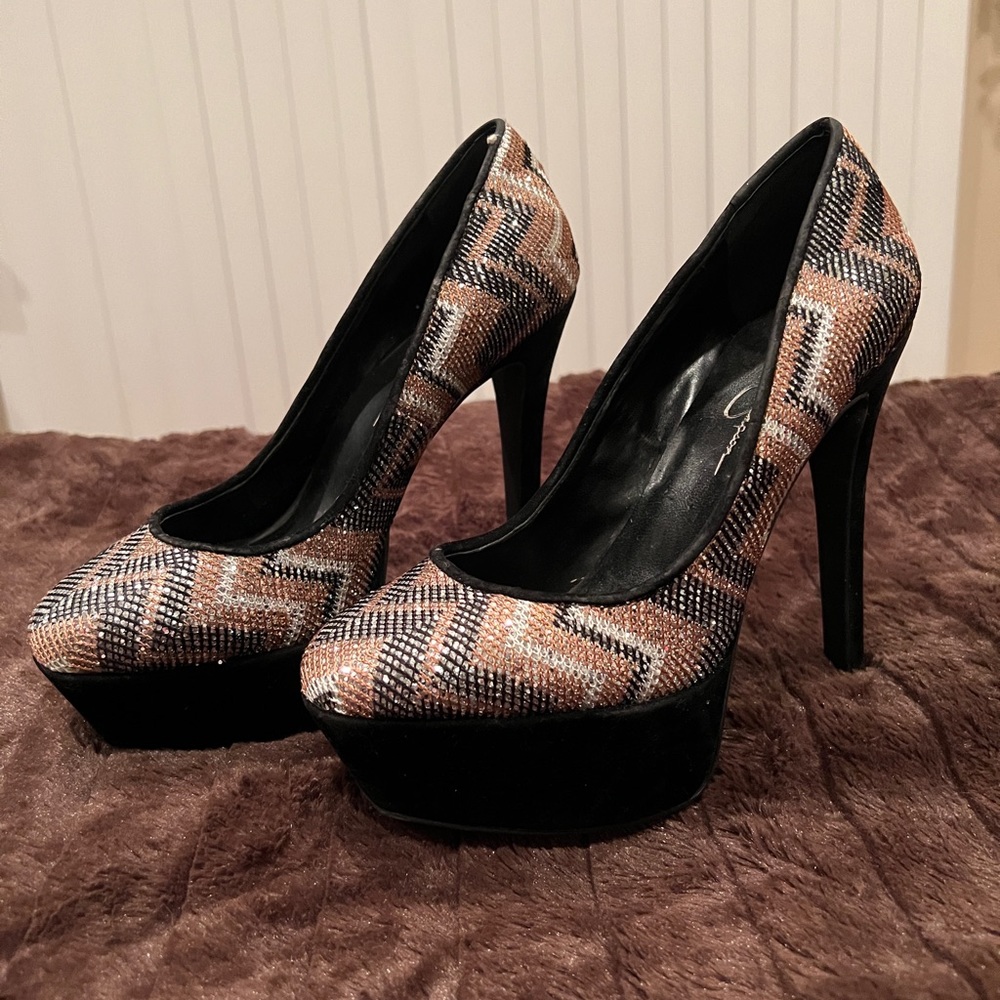 Jessica Simpson Copper Black Zig Zag Sparkle Heels.           NEW Size 7 1/2